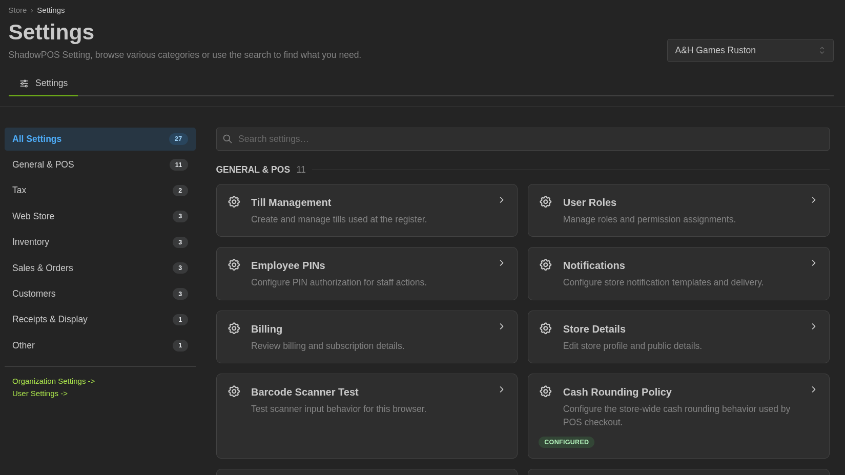 New settings page